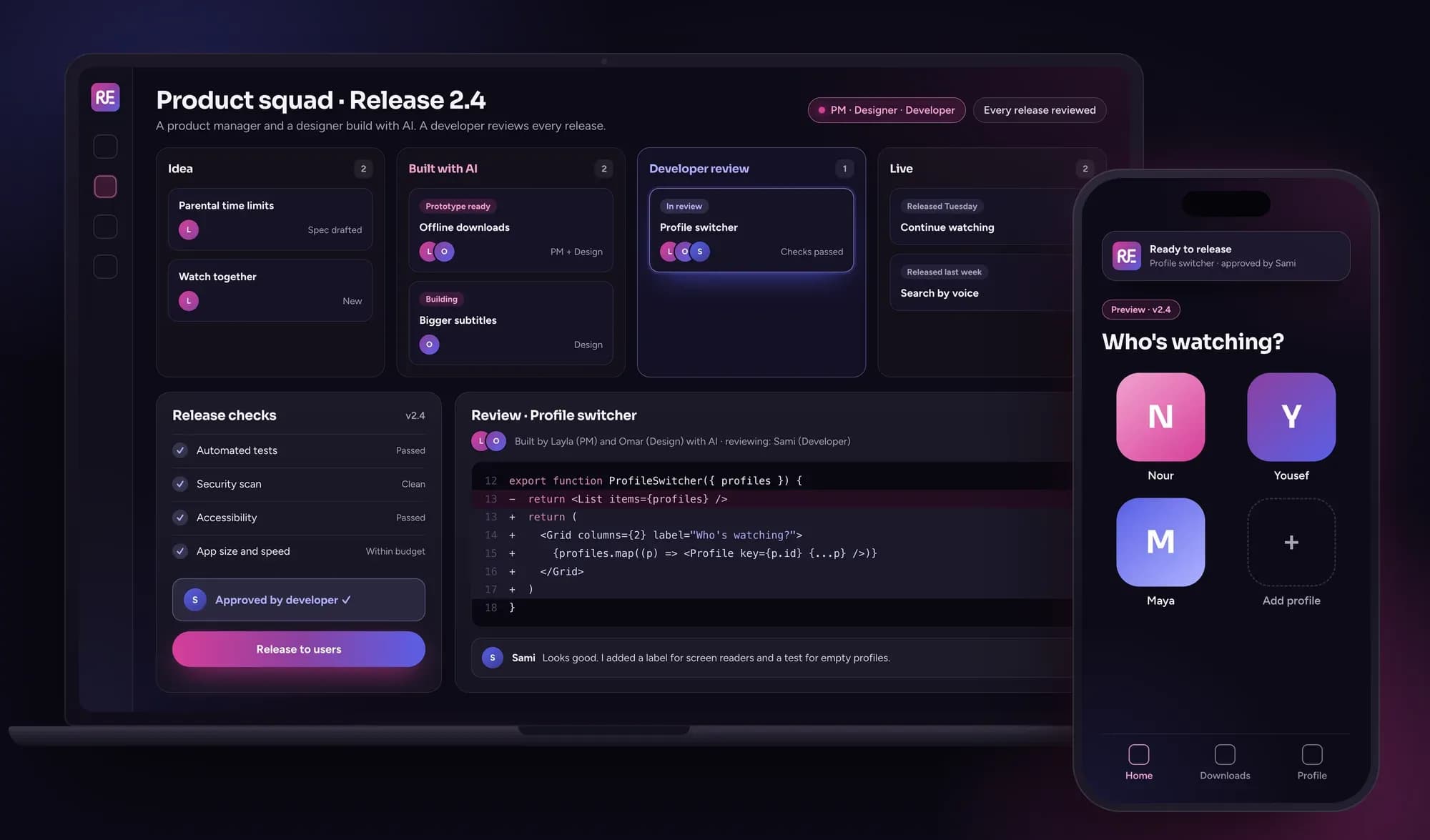 Your AI Dev Team concept: features built with AI by a product manager and designer, a developer's code review and release checks, and the new feature in a phone preview