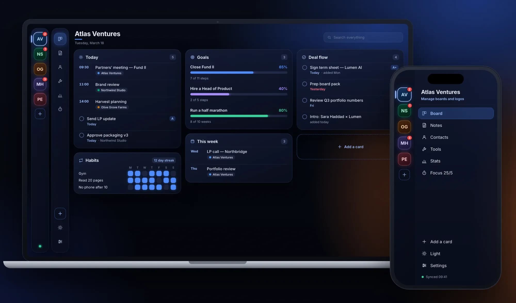 DayMax on a laptop and a phone: today's schedule, goals, deal flow and habits